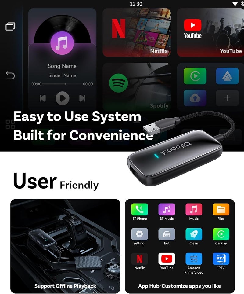Ottocast Play2Video Ultra – Wireless CarPlay & Android Auto Adapter with YouTube, Netflix, Spotify, IPTV | 5GHz WiFi, Auto Connect, No Delay | Compatible with OEM Wired CarPlay - Image 4
